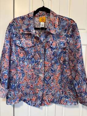 Ruby Rd. Style 48135 Blue Orange Paisley Button Down Sheer Shirt Size 14